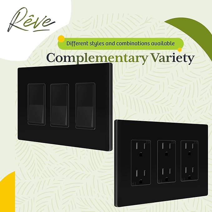 TG Screwless Decorator Wall Plates Child Safe Outlet Covers, Size 3-Gang 4.50" H x 6.30" L, Unbreakable Polycarbonate Thermoplastic, UL Listed, Glossy, Black (1 Pack)