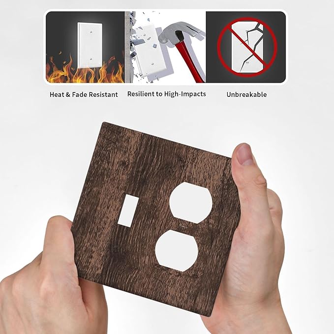 Light Switch Cover Plate Rustic Brown Wood Plank Retro Wooden Board 2 Gang Outlet Covers 1 Toggle 1 Duplex Socket Cover Wallplates Electrical Switch Plate Covers for Farmhouse Home Decor