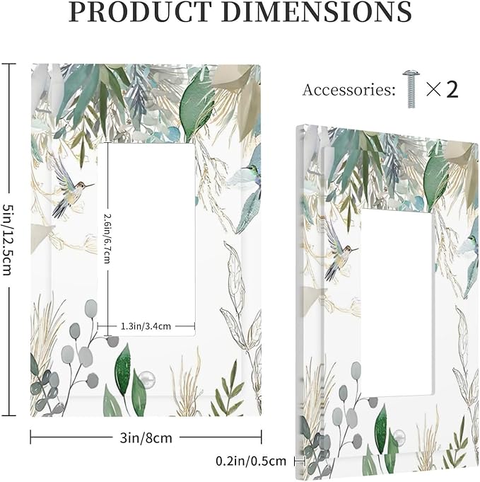 Green Tropical Palm Leaves Flower Plants Hummingbird Decorative Outlet Covers 1 Gang Single Rocker Light Switch Cover Plate Wall Plates GFCI Faceplate for Bed Room Living Room Decor