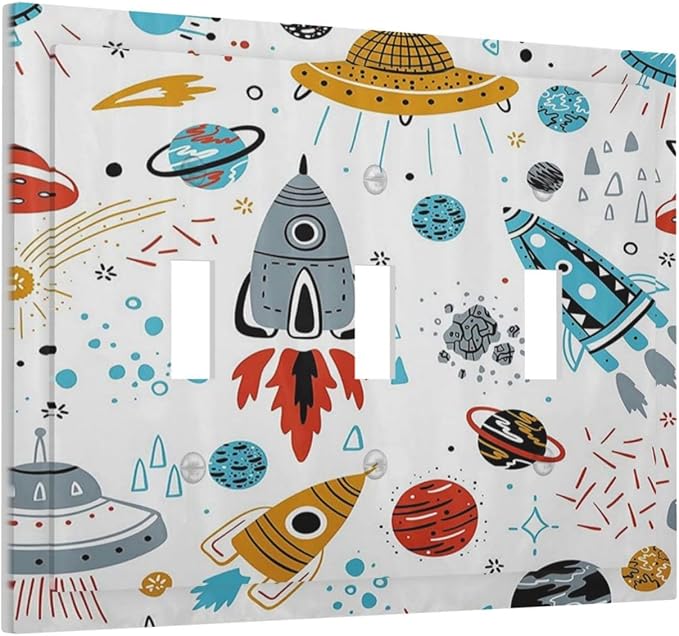 Cartoon Space Rocket Boys Universe Planet 3 Gang Light Switch Covers Decorative Unique Triple Toggle Wall Plate Electrical Faceplate Switchplate for Nursery Kidroom Bedroom Home Decor