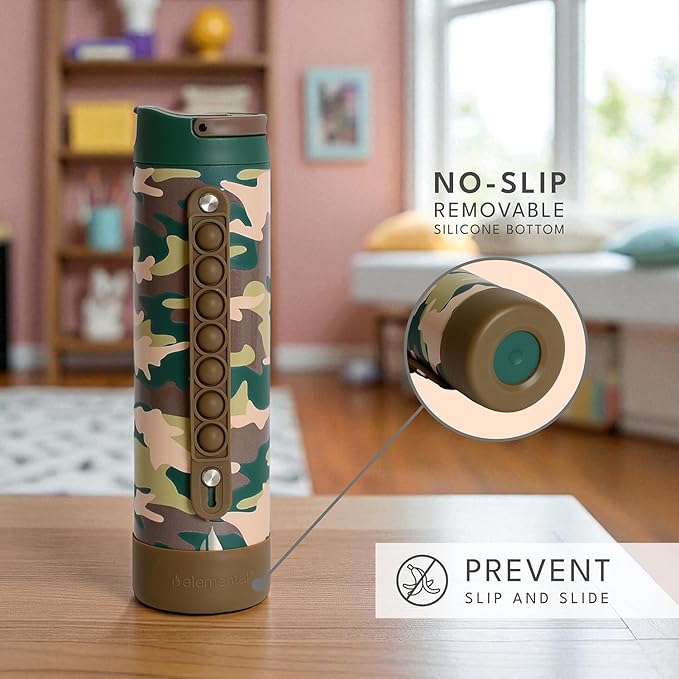 Elemental Iconic Kids Water Bottle for School - 100% Leak-Proof Insulated Water Bottles with Straw Lid & Pop-It Handle for Boys & Girls - Triple-Wall Insulated & BPA-Free, 20oz – Green Camo