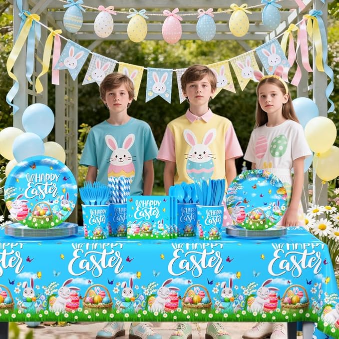AIBIIN 193pcs Happy Easter Party Decorations Easter Paper Plates and Napkins, Cup, Tablecloth, Tableware, Spring Bunny Egg Disposable Dinnerware Party Supplies Serve 24 Guests