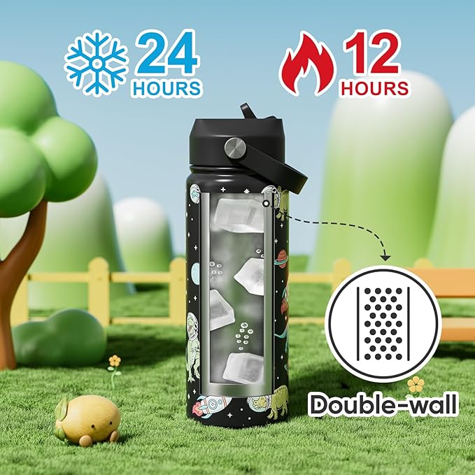 KEWIXY 18 oz Kids Dinosaur Water Bottle for School with Straw, Leak Proof, Stainless Steel with Easy Flip&Handle, Reusable, Metal, Insulated, Backpack-side Fit, for Boys Little Dino Fans (Dinosaur)