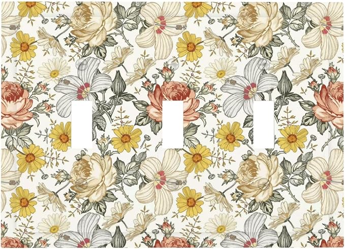 Multicolor Peony Daisy Vintage Floral Flower Decorative Switch Plates 3 Gang Wall Plate Triple Toggle Light Switch Cover Faceplate Electrical Wall Panels for Bedroom Living Room Decor