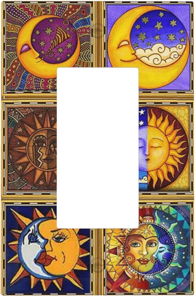 Mexican Talavera Tiles Star Pattern Celestials Theme Print Decorative Outlet Covers 1 Gang Single Rocker Light Switch Cover Plate Wall Plates GFCI Faceplate for Kitchen Home Decor