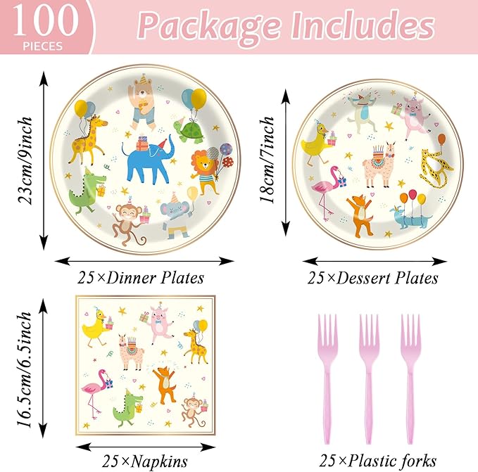 Qyeahkj 100PCS Party Animal Plates and Napkins Party Supplies Happy Birthday Parade Tableware Set Faint Yellow Birthday Decorations Favor Dinner Plates for Animal Party Celebrations Serves 25