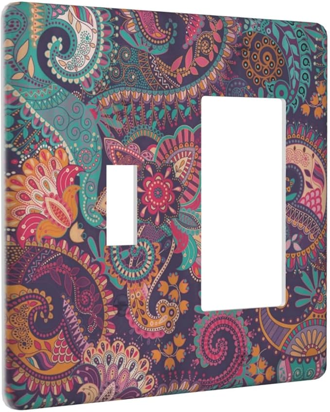 Mandala Boho Paisley Purple Floral Colorful Flower Outlet Covers 1 Toggle 1 Rocker Combination Decorative Wall Plate Electrical Switch Plates Light Switch Cover Plate for Home Bedroom Decor