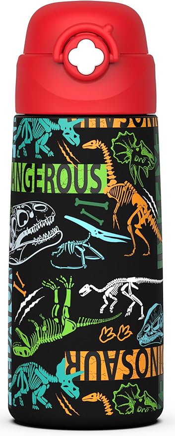 Boys Insulated Water Bottle with Covered Pop-Up Straw,16 oz Kids Cups with Stainless Steel Leak Proof for School（Red-Dinosaur）