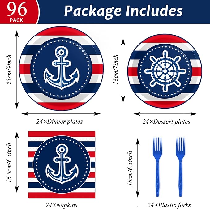 96 Pcs Nautical Anchor Party Plates Napkins Tableware Set Anchor Theme Supplies Disposable Dinnerware Sailor Boat Ship Decoration Favors for Navy Baby Shower Birthday, 24 Guests