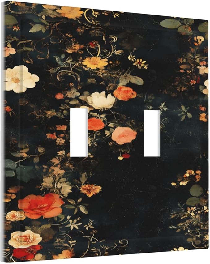 Vintage Orange Pink Black Roses Floral Flower Decorative Switch Plates 2 Gang Double Toggle Outlet Light Switch Cover Wall Plate Electrical Faceplate for Farmhouse Bedroom Decor