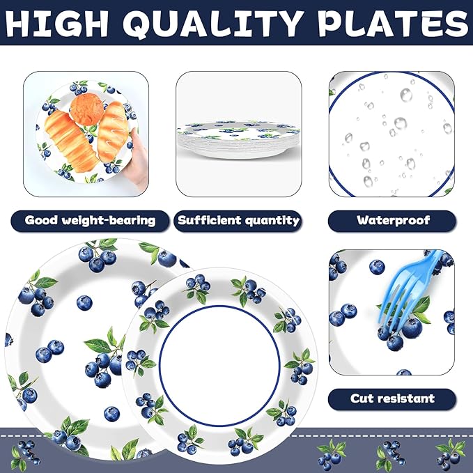 Wiooffen 96 Pcs Blueberry Party Plates Napkins Tableware Set Blueberry Baby Shower Supplies Summer Happy Birthday Disposable Dinnerware Berry Themed Decoration Favors for Spring Party, 24 Guests