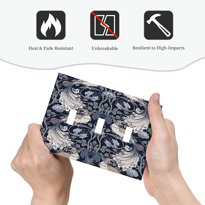 William Morris Vintage Floral Birds Peacocks 3 Gang Light Switch Covers Triple Toggle Wall Plate Decorative Switchplate Electrical Faceplate for Country Bathroom Bedroom Decor