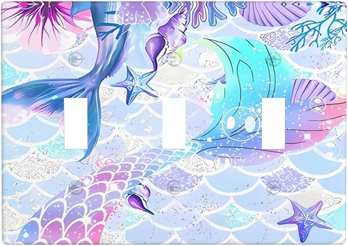 Mermaid Girl Light Switch Cover Plates Decorative 3 Gang Triple Toggle Wall Plate Electrical Switchpalte Faceplate for Kid Bedroom Home Bathroom Decor 6.4" x 4.5"