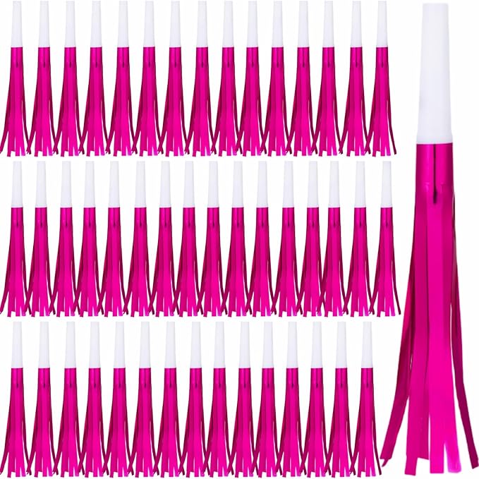 48 Pcs Noise Makers Glitter Metallic Fringed Noise Makers Horns for Baby Shower, Kids Birthday, New Year Party Favor - Rose Red
