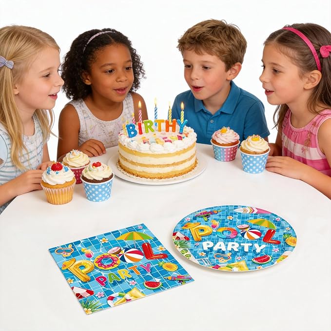 40 Pieces Pool Birthday Party Supplies, 20 – Disposable Pool Paper Plates and Napkins for Summer BBQ, Pool Party, Hawaii Holiday Decorations