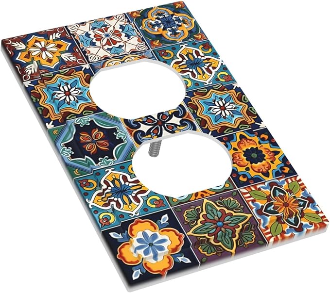 Mexican Talavera Tiles Floral Outlet Covers 1 Gang Duplex Light Switch Cover Decorative Switch Plates Electrical Receptacle Faceplate Wall Plate for Bathroom Kitchen Decor