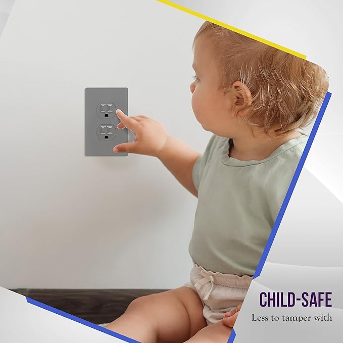 ENERLITES Screwless Duplex Wall Plate, Child Safe Receptacle Outlet Cover, Standard Size, 1-Gang 4.68" x 2.93", Unbreakable Polycarbonate Thermoplastic, UL Listed, SI8821-GY-5PCS, Gray, 5 Pack