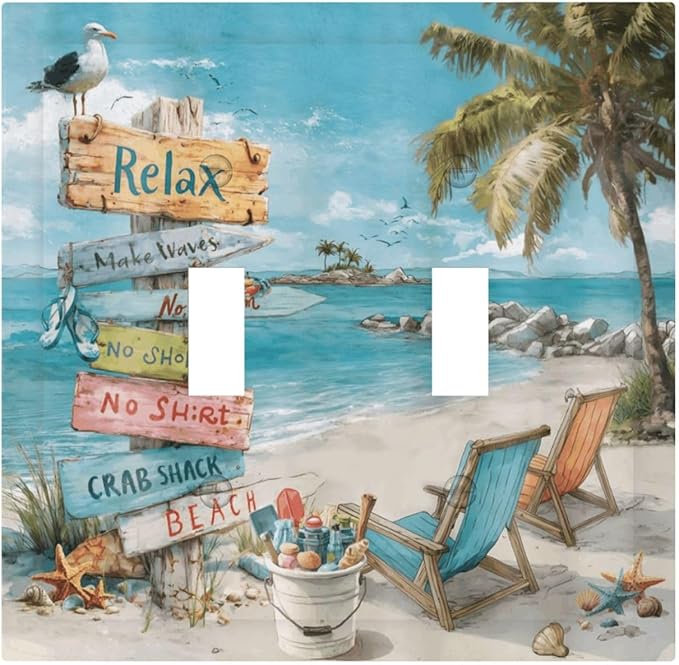 Ocean Beach Tropical Palm Tree Coastal Seaside Decorative Switch Plates 2 Gang Double Toggle Outlet Light Switch Cover Wall Plate Electrical Faceplate for Kids Room Living Room Decor