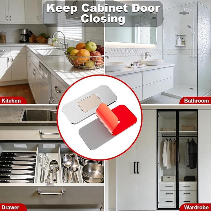 PHIXBEAR No Drill Magnetic Cabinet Door Catch with Adhesive – Stainless Steel, Strong Hold Child Safety Lock for Kitchen Cabinets, Bathroom, RV – Drawer Magnets 1.57” x 0.79” 4 Pack