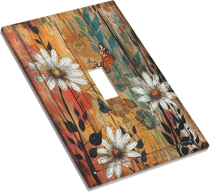 Light Switch Cover Plate Vintage Wooden Daisies Butterflies Floral 1 Gang Single Toggle Decorative Switch Plates Wall Plates Electrical Faceplate for Bathroom Farmhouse Decor