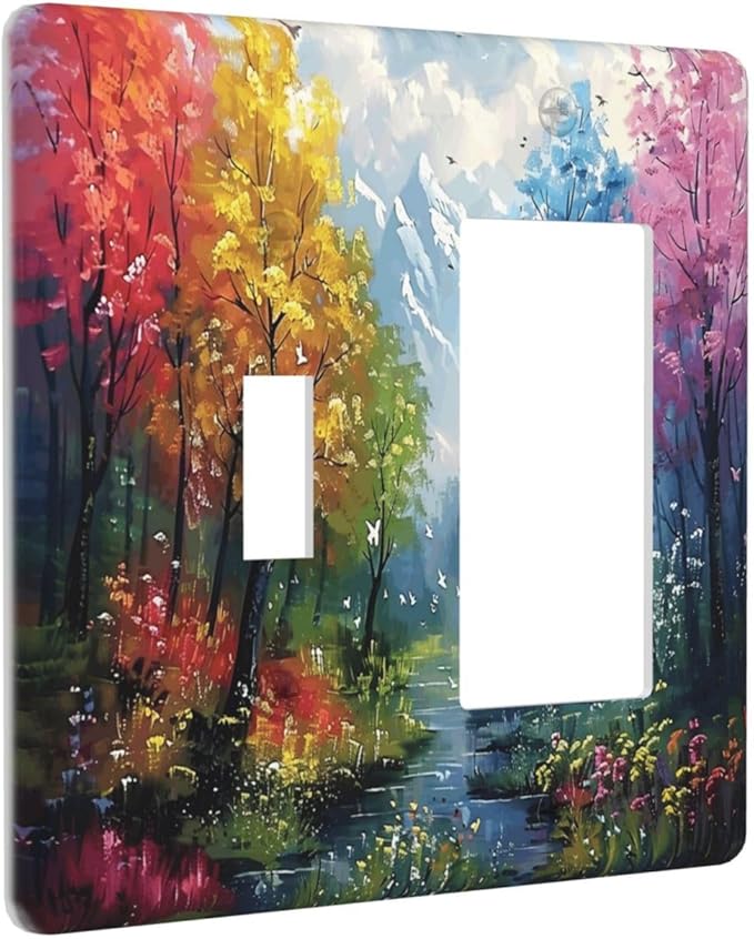 Colorful Forest Snow Mountain River Oil Painting Style Outlet Covers 1 Toggle 1 Rocker Combination Decorative Wall Plate Electrical Switch Plates Light Switch Cover Plate for Bedroom Living Room Decor