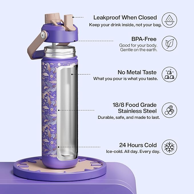 ENCOOL Insulated Water Bottle with Straw Stainless Steel Water Bottle, Leak-Proof, BPA-Free, Double Wall Vacuum Keeps Cold for 24 Hours for Sports, Travel, School (26 oz, Stellar Steed)