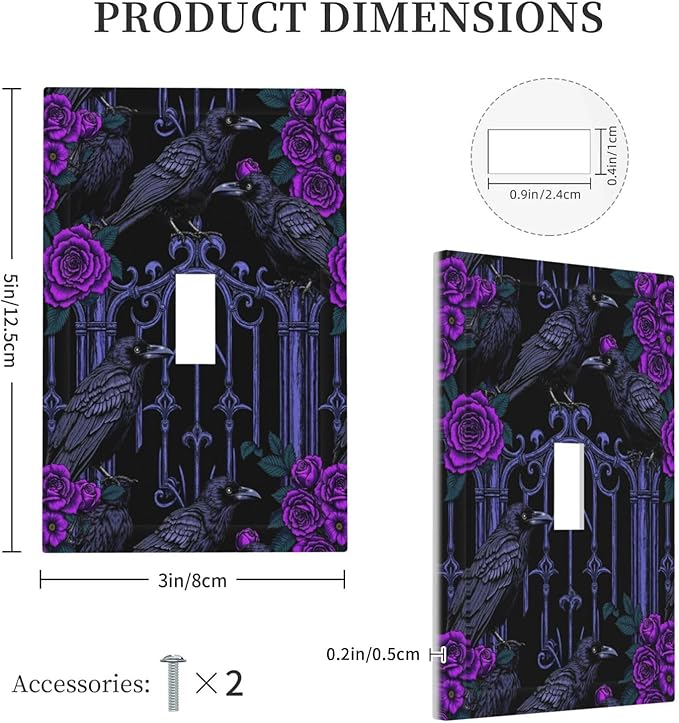 Decorative Light Switch Cover Gothic Style Crow Purple Flowers 1 Gang Single Toggle Decorator Outlet Wall Plate Device Electrical Faceplate Switchplates for Bedroom living Room Decor