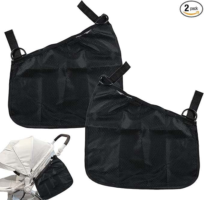 LiXiongBao 2 Pcs Side Sling Stroller Cargo Net,Universal Stroller Organizer Attachment Bag for Storage,Non-Slip and Adjustable Straps Portable Side Sling Storage Mesh Organizer(Black)