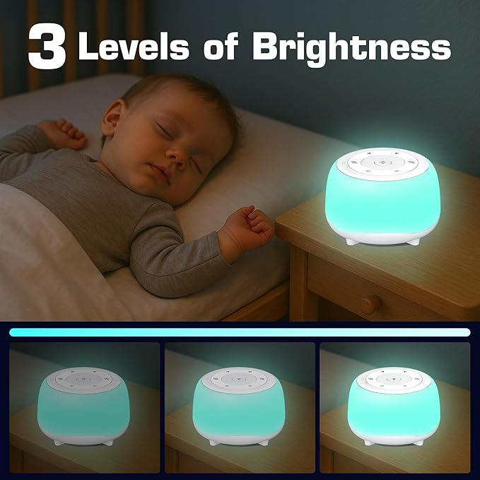 HEYAXA White Noise Sound Machine with 7 Colors Night Light 34 Soothing Sounds, Portable Sound Machine for Baby Adults Kids Sleep with 30 Volume Levels 4 Timers Adjustable Brightness (White)