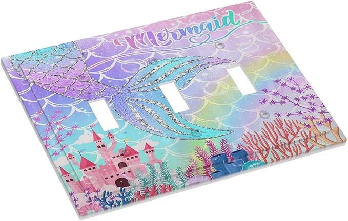 Silvery Glitter Cute Mermaid Tail Fantasy Castle 3 Gang Light Switch Covers Triple Toggle Wall Plate Decorative Switchplate Electrical Faceplate for Kidroom Nursery Bedroom Kitchen Decor