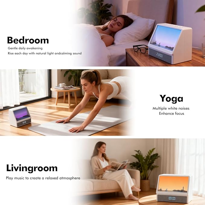 Flymiro Sunrise Alarm Clock, White Noise Machine Lamp, Wake Up Light with 12 Sounds, Sleep Aid,Dimmable Clock for Adults Kids Bedroom,Bluetooth Speaker