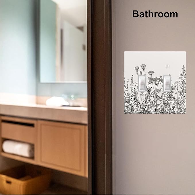 Gray Vintage Floral 2-Gang Double Toggle Switch Plate, Neutral Cottage Garden Retro Wildflower Wall Plate for Home, Bedroom, Sunroom & Bathroom