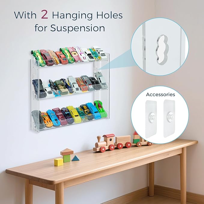 [2 Pack] Clear 3-Tier Display Case for 1:64 Toy Cars – Holds 30 Diecast Vehicles, Wall Mounted or Desktop Organizer Rack for Collectors