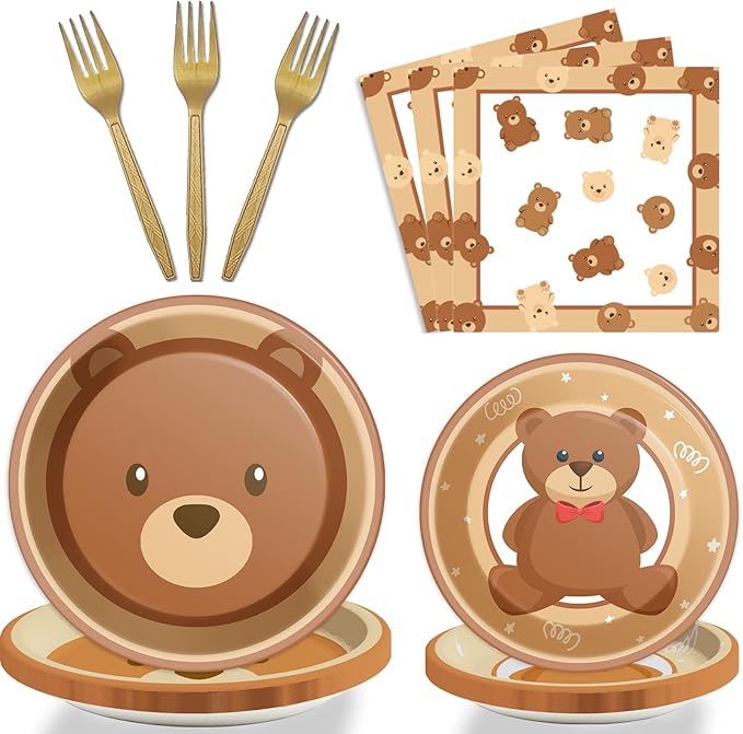 96 Pcs Bear Baby Shower Party Plates Decorations We Can Bearly Wait Baby Tableware Bear Theme Dessert Teddy Plates Napkins Supplies for Gender Reveal Boy Girl Baby Shower Birthday Party Serve 24