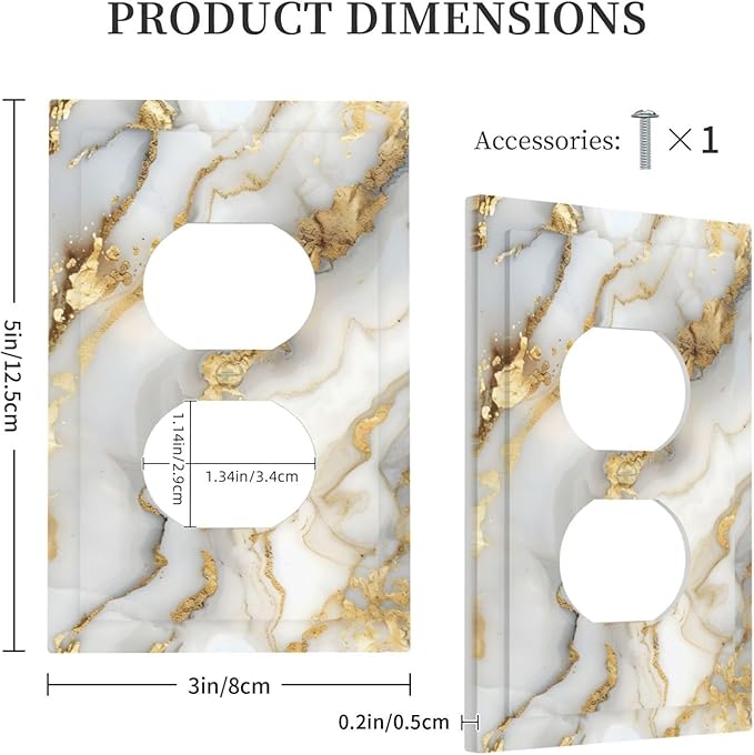 Luxurious White Gold Marble Patterns Abstract Outlet Covers 1 Gang Duplex Light Switch Cover Decorative Switch Plates Electrical Receptacle Faceplate Wall Plate for Bathroom Kitchen Decor