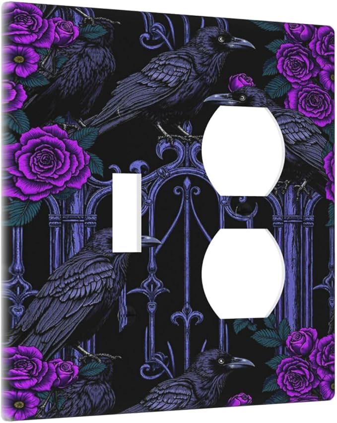 Wallplates Gothic Style Crow Purple Flowers 1 Toggle 1 Duplex Switch Plate Electrical GFCI Faceplate Decorative Light Switch Covers for Bedroom living Room Decor
