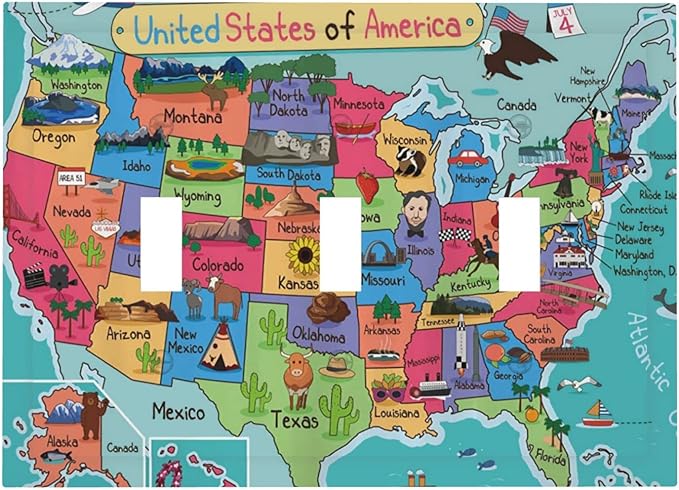 American Map 3 Gang Light Switch Cover Decorative Triple Toggle Wall Plate Electrical Switchplate Standard Size Faceplate Cartoon Animal Educational Geography Rustic Barn Bathroom Bedroom Home Decor