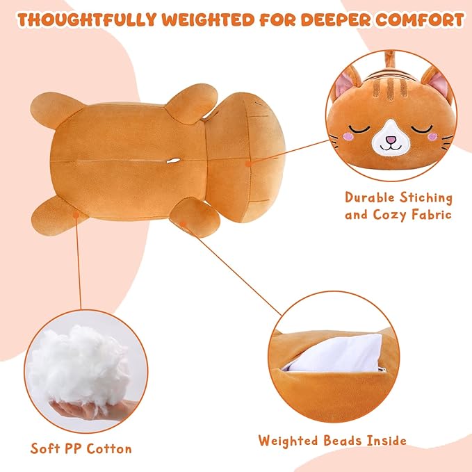 TOYSYM Weighted Stuffed Animals Cat, Orange Cat Plush with Weighted Beads, Cute Cat Plushie Pillow Gifts for Adults Kids Boys Girls