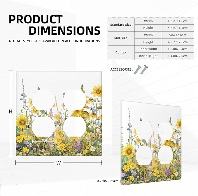 Wildflowers Sunflower Lavender Daisy Floral Outlet Covers 2 Gang Double Duplex Decorative Light Switch Covers Electrical Wallplates Socket Faceplate for Bedroom Living Room Decor