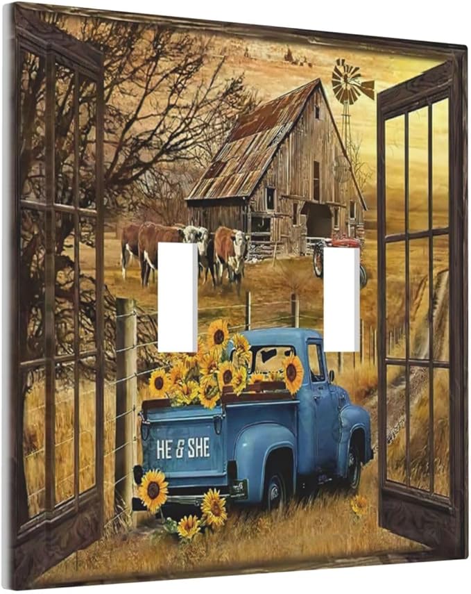 Fall Western Farmhouse Cow Double Toggle Light Switch Cover Plate Decorative Country Barn door Blue Truck 2 Gang Wall Plate Electrical Faceplate Switchplate for Bathroom Home Living Room Decor