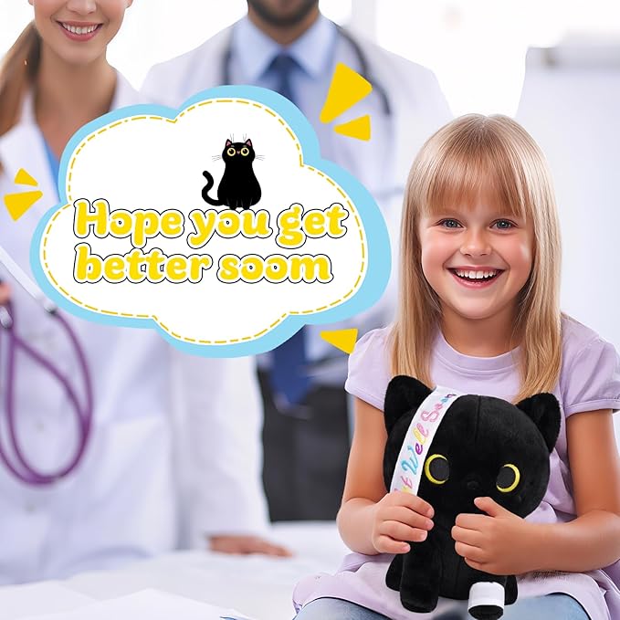 Get Well Gifts for Women Kids, 8 Inch Black Cat Plush Get Well Soon Stuffed Animals, Kawaii Cat Plushies Get Well Gifts for Kids Women After Surgery Feel Better Gift