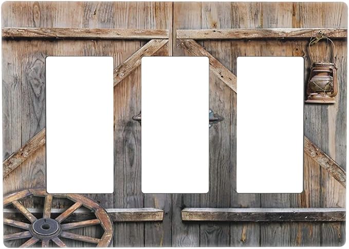 Wood Garage Barn Door Cabin 3 Gang Triple Rocker/Decorator Light Switch Wall Plate Cover Decorative Gfci Electrical Faceplate Switchplate Room Decorate
