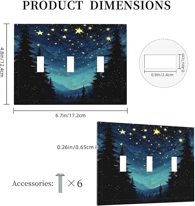 Decorative Switch Plates Blue Starry Sky Forest Painted Star Pine Tree Oil Painting 3 Gang Wall Plate Faceplate Triple Toggle Light Switch Cover Electrical Wall Panels for Bedroom Cabin