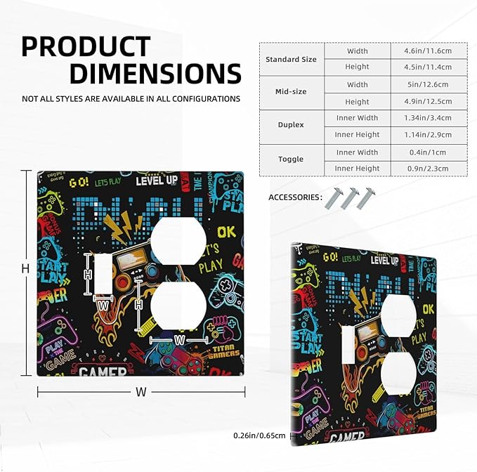 Gamer Video Game Themed Cool Controller Print Wallplates 1 Toggle 1 Duplex Switch Plate Electrical GFCI Faceplate Decorative Light Switch Covers for Kids Room Office Decor