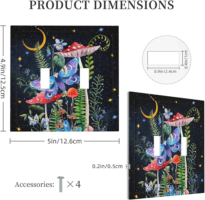 Black Boho Witchy Hippie Mushroom Moth Snail Decorative 2-Gang Decorator Outlet Light Switch Wall Plate Cover Double Toggle Size Starry Gothic Bohemian Moon Night Stars Electrical Receptacle Faceplate