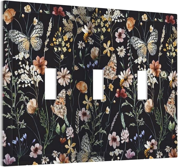 Vintage Flower Leaves Triple Toggle Wall Plates Cute Bees 3 Gang Light Switch Cover Decorative Dark Backgrounds Electrical Switchplate Faceplate Butterfly Dimmer Decor for Bedroom Kitchen Bathroom