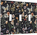Vintage Flower Leaves Triple Toggle Wall Plates Cute Bees 3 Gang Light Switch Cover Decorative Dark Backgrounds Electrical Switchplate Faceplate Butterfly Dimmer Decor for Bedroom Kitchen Bathroom
