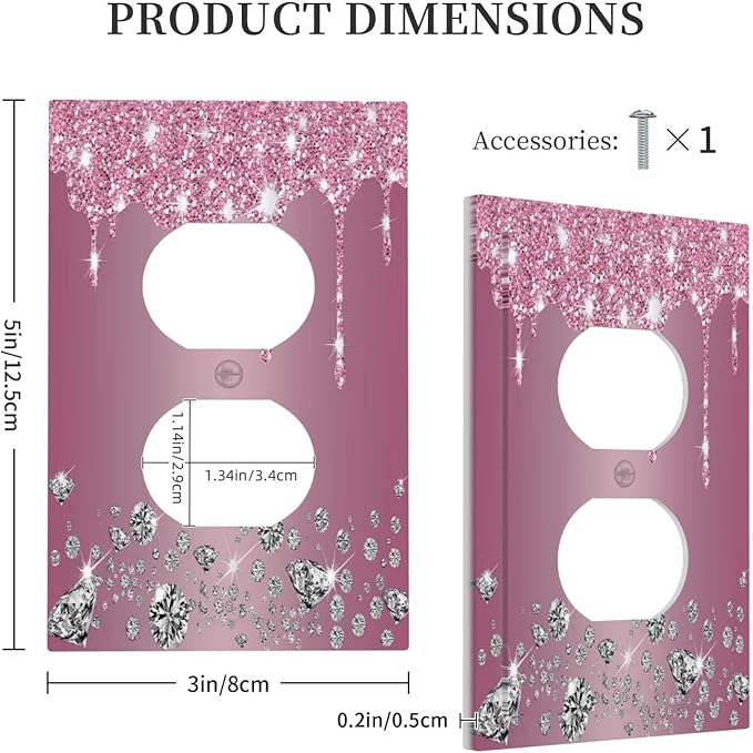 Sparkling Diamonds Pink Silver Glitter Drops Print 1 Gang Outlet Plate Decorative Single Duplex Wall Plate Covers Unique Electrical Receptacle Light Switch Cover Faceplate Switchplate for Bedroom