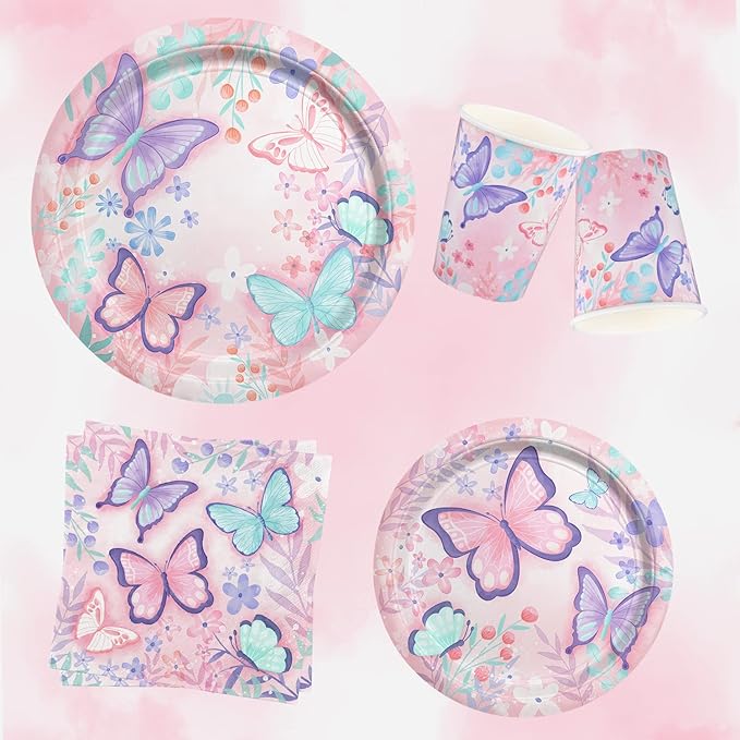Butterfly Birthday Party Supplies Disposable Paper Plates Napkins Cups Tablecloth and Banner for Butterfly Girl Party Birthday Decorations, Serve 25