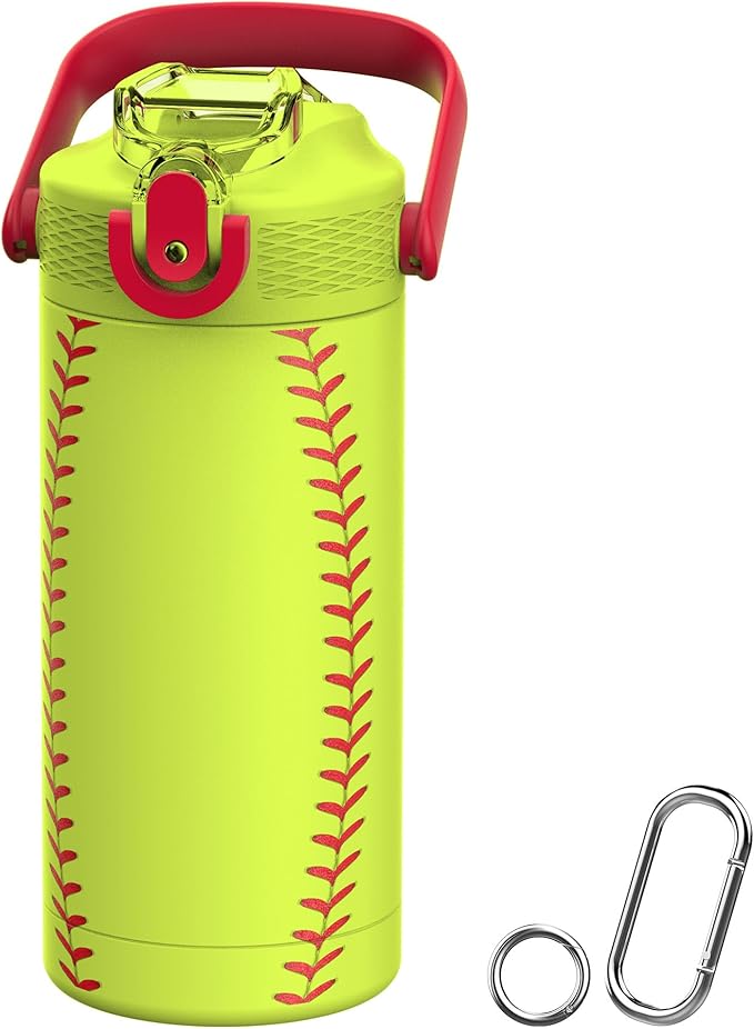 MYFOREST 14oz/400ml Insulated Kids Water Bottle, Odor-Free Surgical Grade Liner, Dishwasher-Safe, Name Spot, Soft Sipper, Gift for Sports Fan (Softball)